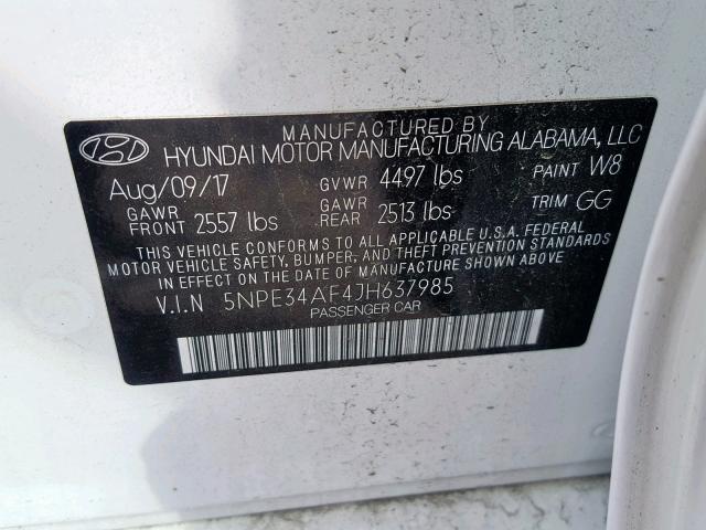 5NPE34AF4JH637985 - 2018 HYUNDAI SONATA SPO WHITE photo 10