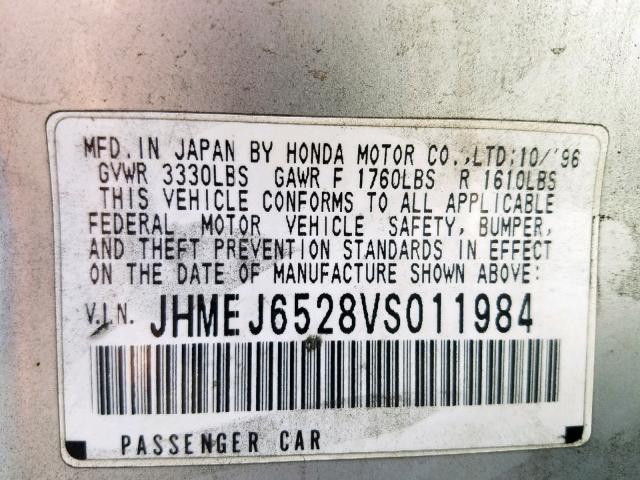 JHMEJ6528VS011984 - 1997 HONDA CIVIC DX GRAY photo 10