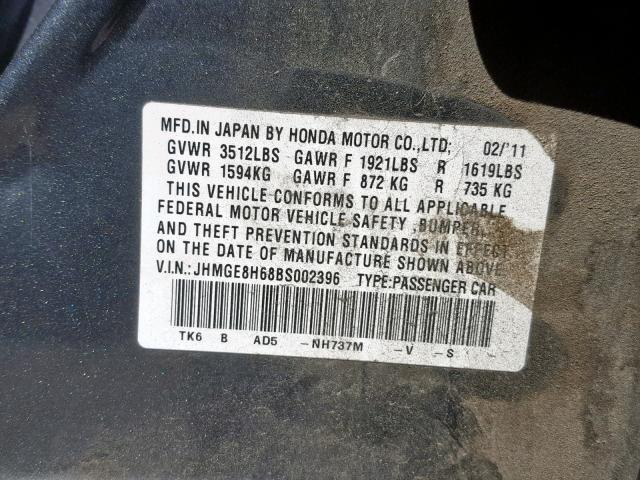 JHMGE8H68BS002396 - 2011 HONDA FIT SPORT GRAY photo 10