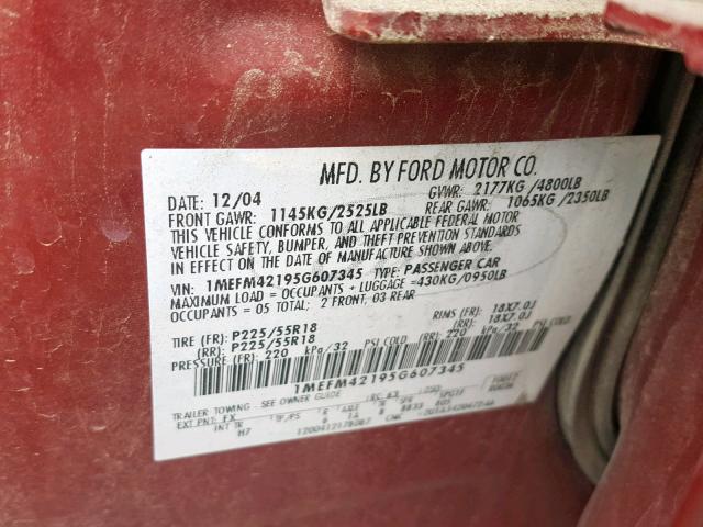 1MEFM42195G607345 - 2005 MERCURY MONTEGO PR მუქწითელი ფოტო 10