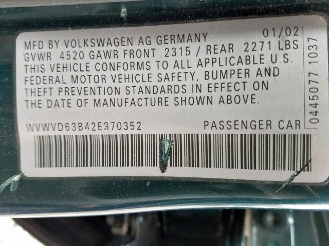 WVWVD63B42E370352 - 2002 VOLKSWAGEN PASSAT GLS GREEN photo 10