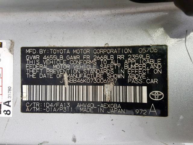 JTNBB46K073006937 - 2007 TOYOTA CAMRY NEW SILVER photo 10