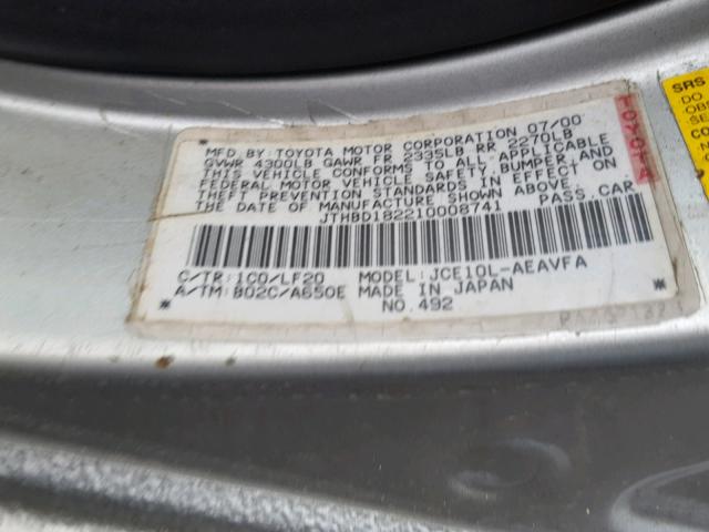 JTHBD182210008741 - 2001 LEXUS IS 300 SILVER photo 10