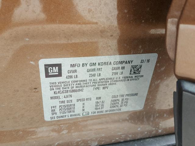 KL4CJCSB1GB664942 - 2016 BUICK ENCORE BROWN photo 10