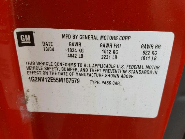 1G2NV12E55M157579 - 2005 PONTIAC GRAND AM G RED photo 10