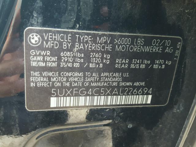 5UXFG4C5XAL226694 - 2010 BMW X6 XDRIVE3 BLACK photo 10