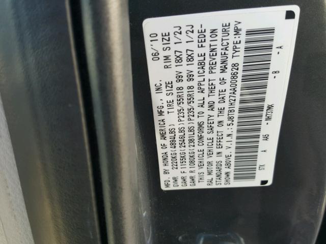 5J8TB1H27AA008628 - 2010 ACURA RDX GRAY photo 10