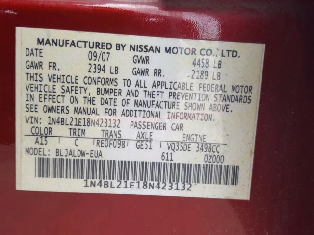 1N4BL21E18N423132 - 2008 NISSAN ALTIMA 3.5 RED photo 10