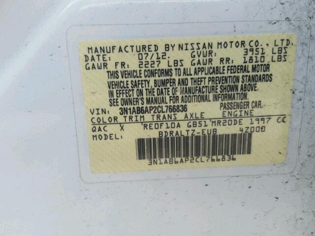 3N1AB6AP2CL766836 - 2012 NISSAN SENTRA 2.0 WHITE photo 10