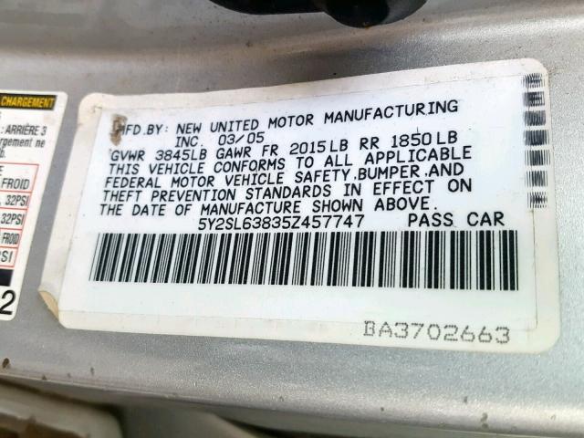 5Y2SL63835Z457747 - 2005 PONTIAC VIBE GRAY photo 10