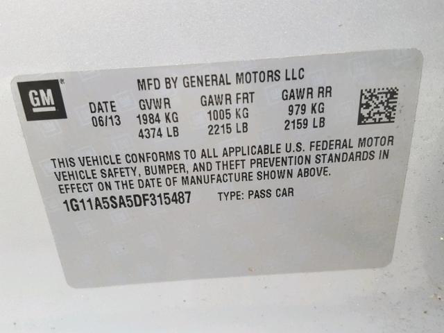 1G11A5SA5DF315487 - 2013 CHEVROLET MALIBU LS 银色 照片 10
