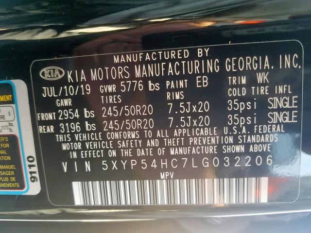 5XYP54HC7LG032206 - 2020 KIA TELLURIDE BLACK photo 10