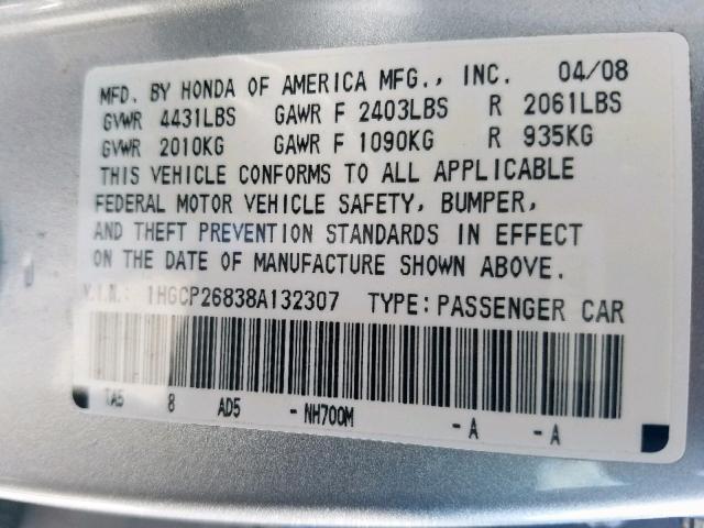 1HGCP26838A132307 - 2008 HONDA ACCORD EXL SILVER photo 10