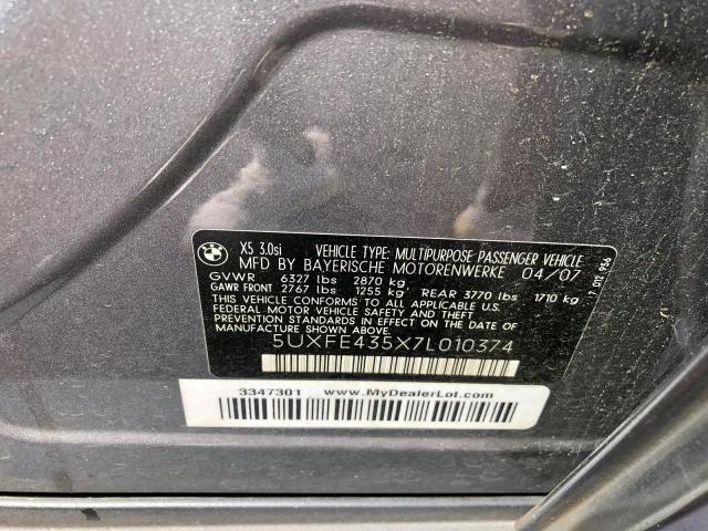 5UXFE435X7L010374 - 2007 BMW X5 3.0I SILVER photo 10