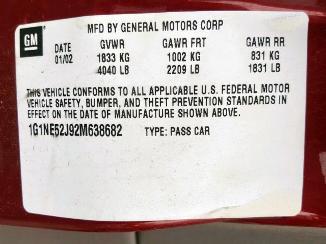 1G1NE52J92M638682 - 2002 CHEVROLET MALIBU LS RED photo 10