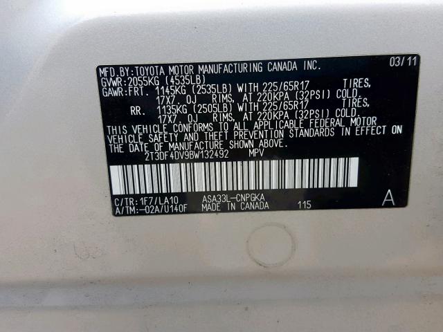 2T3DF4DV9BW132492 - 2011 TOYOTA RAV4 LIMIT SILVER photo 10