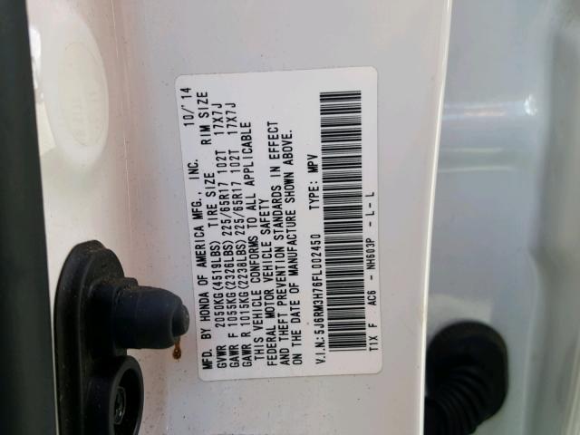 5J6RM3H76FL002450 - 2015 HONDA CR-V EXL WHITE photo 10