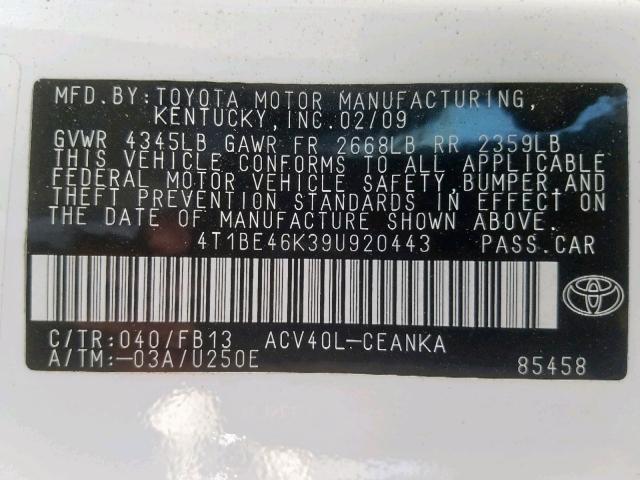 4T1BE46K39U920443 - 2009 TOYOTA CAMRY BASE WHITE photo 10