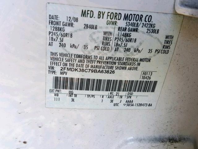 2FMDK38C79BA63826 - 2009 FORD EDGE SEL WHITE photo 10