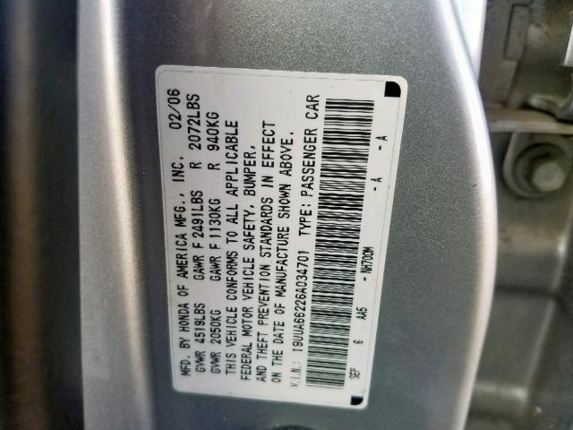 19UUA66226A034701 - 2006 ACURA 3.2TL SILVER photo 10