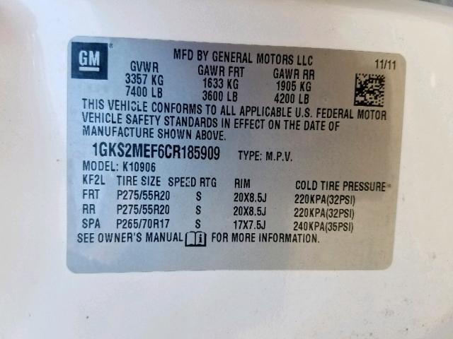 1GKS2MEF6CR185909 - 2012 GMC YUKON XL D CREAM photo 10