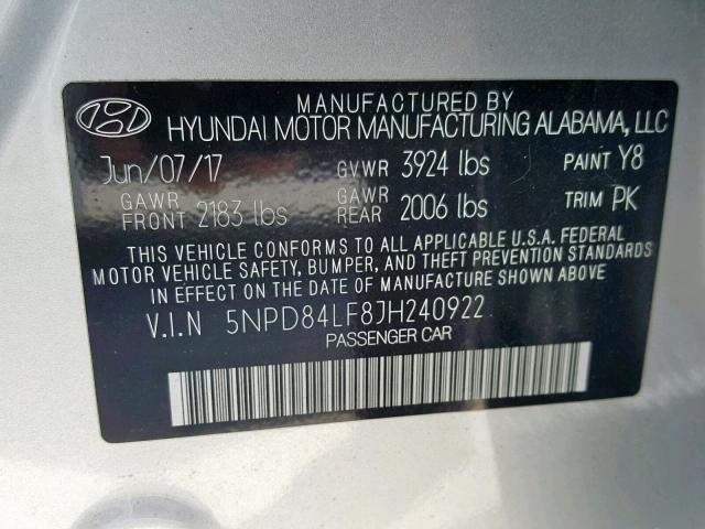 5NPD84LF8JH240922 - 2018 HYUNDAI ELANTRA SE SILVER photo 10