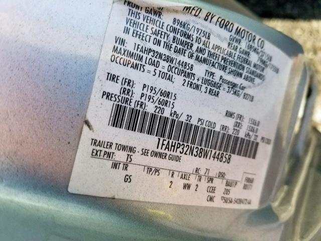 1FAHP32N38W144858 - 2008 FORD FOCUS S/SE SILVER photo 10