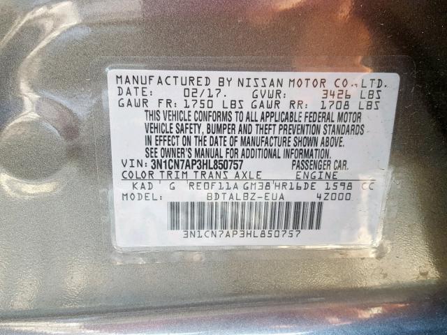 3N1CN7AP3HL850757 - 2017 NISSAN VERSA S GRAY photo 10