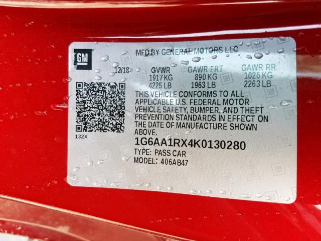 1G6AA1RX4K0130280 - 2019 CADILLAC ATS RED photo 10