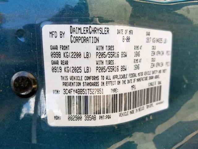 3C4FY4BB51T527951 - 2001 CHRYSLER PT CRUISER TEAL photo 10