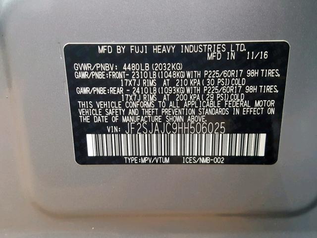 JF2SJAJC9HH506025 - 2017 SUBARU FORESTER 2 SILVER photo 10