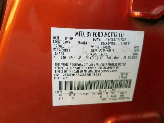 2FMDK38C88BB08934 - 2008 FORD EDGE SEL ORANGE photo 10