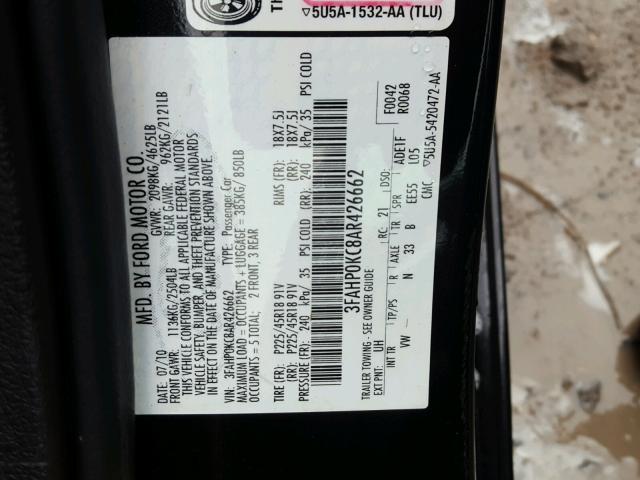 3FAHP0KC8AR426662 - 2010 FORD FUSION SPO BLACK photo 10