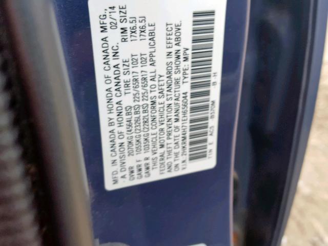 2HKRM4H71EH656044 - 2014 HONDA CR-V EXL BLUE photo 10