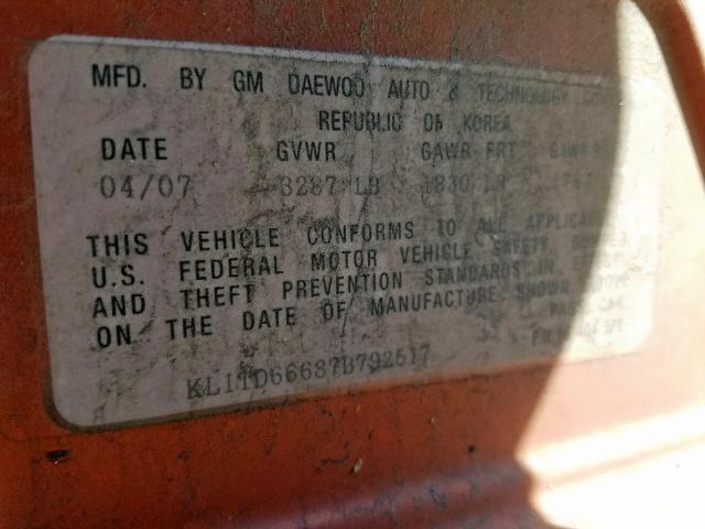 KL1TD66687B792517 - 2007 CHEVROLET AVEO BASE ნარინჯისფერი ფოტო 10