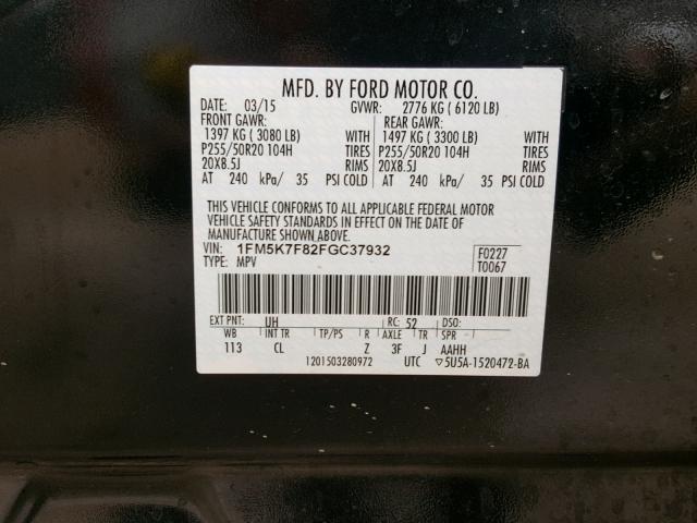 1FM5K7F82FGC37932 - 2015 FORD EXPLORER L BLACK photo 10