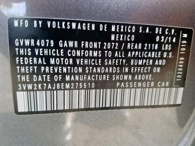 3VW2K7AJ8EM275510 - 2014 VOLKSWAGEN JETTA BASE GRAY photo 10
