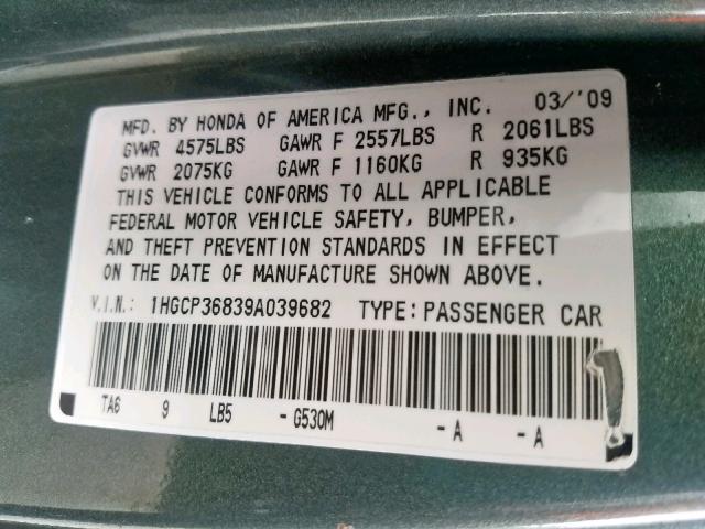 1HGCP36839A039682 - 2009 HONDA ACCORD EXL GREEN photo 10