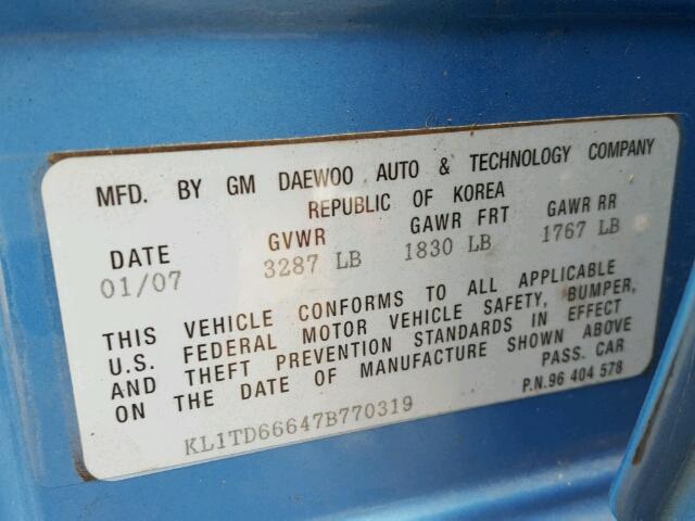 KL1TD66647B770319 - 2007 CHEVROLET AVEO BASE Көк фото 10