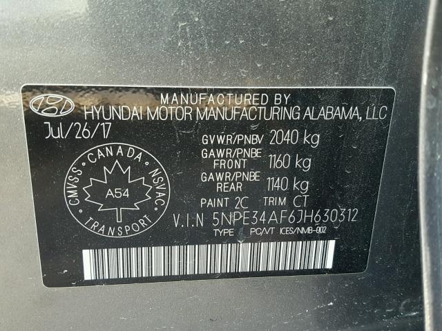 5NPE34AF6JH630312 - 2018 HYUNDAI SONATA SPO GRAY photo 10