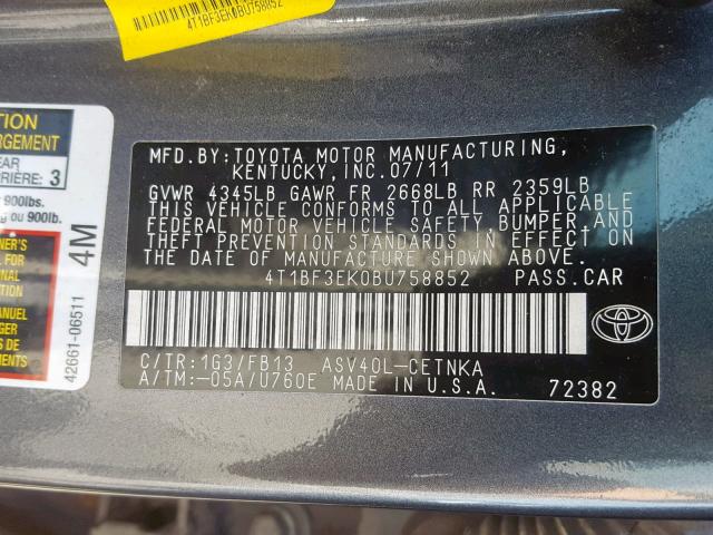 4T1BF3EK0BU758852 - 2011 TOYOTA CAMRY BASE GRAY photo 10