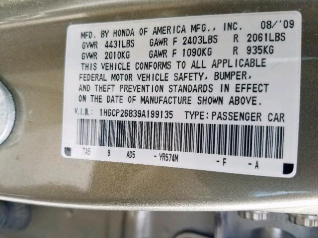 1HGCP26839A199135 - 2009 HONDA ACCORD EXL BEIGE photo 10