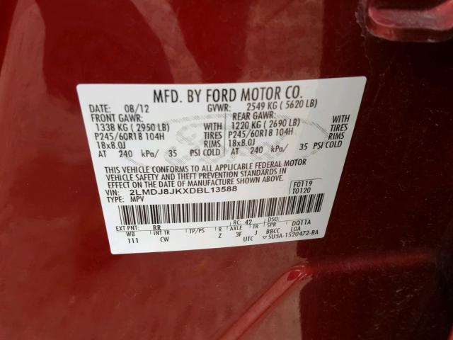 2LMDJ8JKXDBL13588 - 2013 LINCOLN MKX RED photo 10