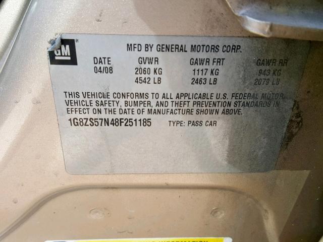 1G8ZS57N48F251185 - 2008 SATURN AURA XE GOLD photo 10