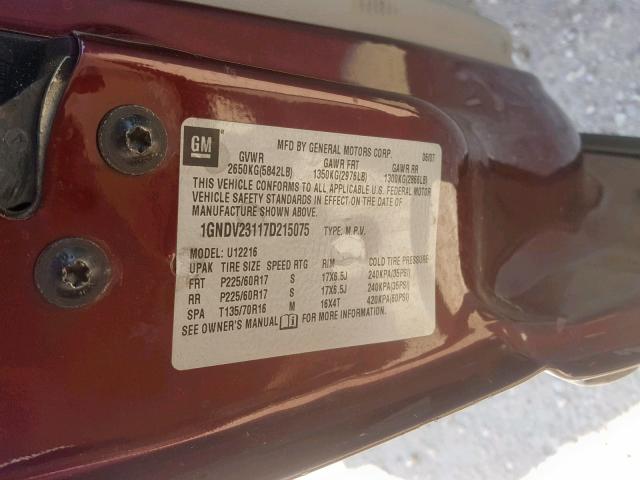 1GNDV23117D215075 - 2007 CHEVROLET UPLANDER L MAROON photo 10