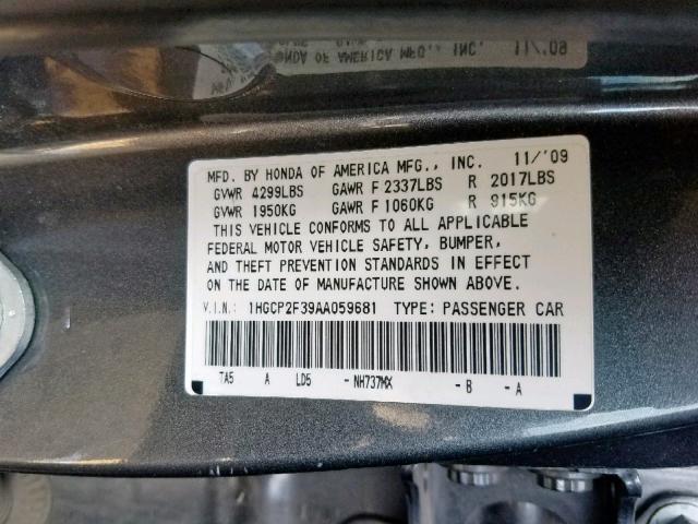 1HGCP2F39AA059681 - 2010 HONDA ACCORD LX GRAY photo 10