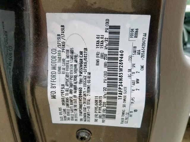 1FAFP34N85W289460 - 2005 FORD FOCUS ZX4 GRAY photo 10