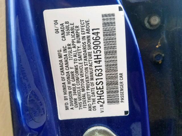 2HGES16314H590641 - 2004 HONDA CIVIC DX V BLUE photo 10