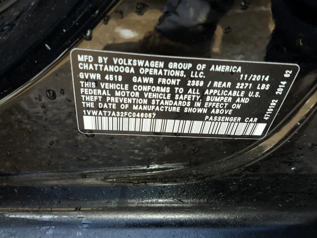 1VWAT7A32FC046057 - 2015 VOLKSWAGEN PASSAT S BLACK photo 10