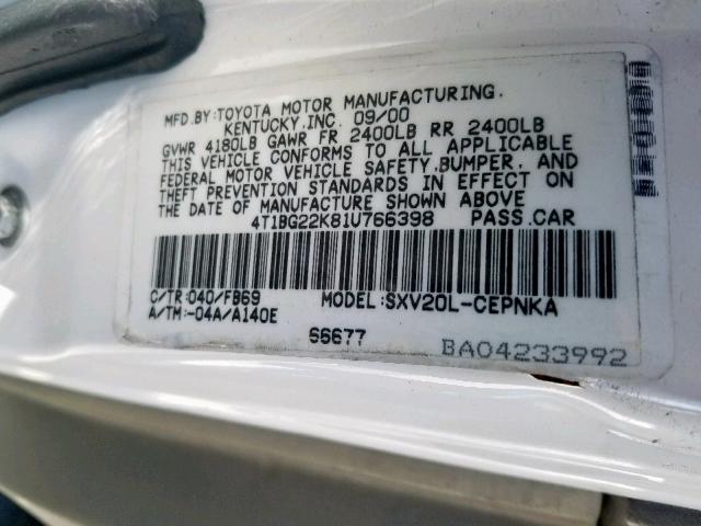 4T1BG22K81U766398 - 2001 TOYOTA CAMRY CE WHITE photo 10